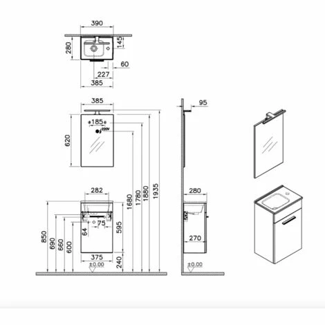 Vitra Mia Meuble 39x61x28 Cm Pour Salle De Bain Avec Miroir, Lavabo Et éclairage LED, Cordoba (MIASET40C) – Image 2