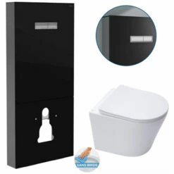 Vitra Pack Bâti Support En Verre Trempé/aluminium Brossé Avec Plaque Intégrée, Noir Brillant + WC Sans Bride SAT + Abattant Softclose