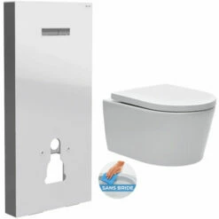 Vitra Pack WC Bâti Support En Verre Trempé/aluminium Brossé Avec Plaque Intégrée, Blanc + WC Sans Bride SAT + Abattant Softclose
