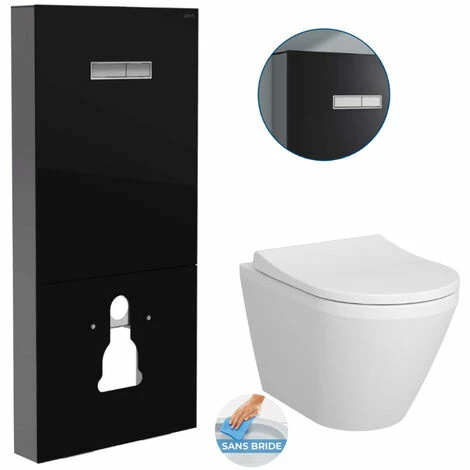 Vitra Pack Bâti-support En Verre Trempé/aluminium Brossé + Plaque Intégrée, Noir Brillant + WC Sans Bride Integra + Abattant Softclose