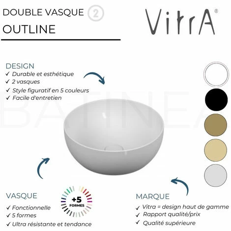 Lavabo Double Vasque à Poser VITRA Outline, 5 Formes, 5 Couleurs Haut De Gamme, Ronde, Edelweiss – Image 4