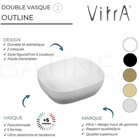 Lavabo Double Vasque à Poser VITRA Outline, 5 Formes, 5 Couleurs Haut De Gamme, Rectangle, Edelweiss – Image 3