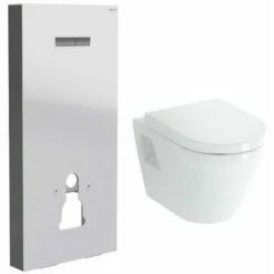 Vitra Pack WC Bâti Support En Verre Trempé/aluminium Brossé Avec Plaque Intégrée, Blanc + WC Suspendu Avec Abattant En Duroplast