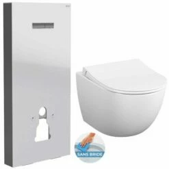 Vitra Pack WC Bâti Support En Verre Trempé/aluminium Brossé Avec Plaque Intégrée, Blanc + WC Sans Bride Sento + Abattant Softclose