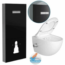 Vitra Pack WC Bâti Support En Verre Trempé/aluminium Brossé Avec Plaque Intégrée, Noir + WC Sans Bride SAT, Fonction Bidet